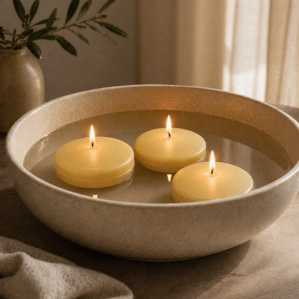 Six floating tealight candles made of pure beeswax in a box, by Serenes Beeswaxory, showcasing natural beeswax texture and warm glow.