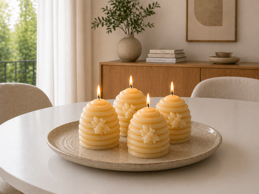 Set of four Serenes Beeswaxory votive candles in beehive-shaped pure beeswax, showcasing warm, natural tones and textured surfaces.