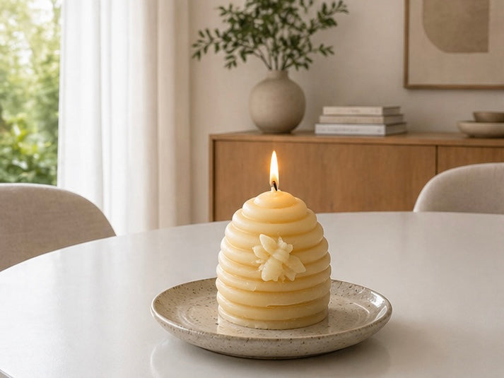 Set of four Serenes Beeswaxory pure beeswax votive beehive candles, natural and handcrafted for ambiance and decoration.
