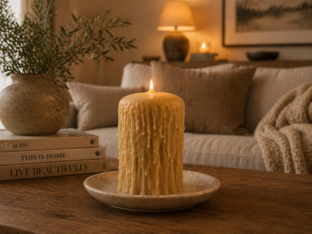 Gothic Pillar Candle in desert rose colour, 14cm tall, made of pure beeswax with a smooth, elegant finish.