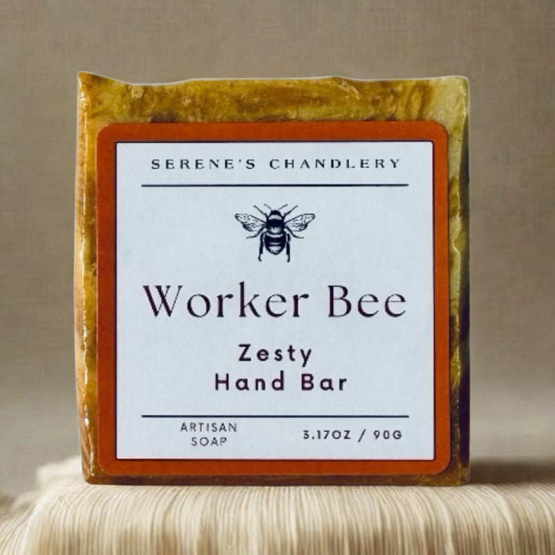 Handmade antibacterial soap bar from Serenes Beeswaxory, featuring natural skincare essentials with a pure, artisanal appearance.
