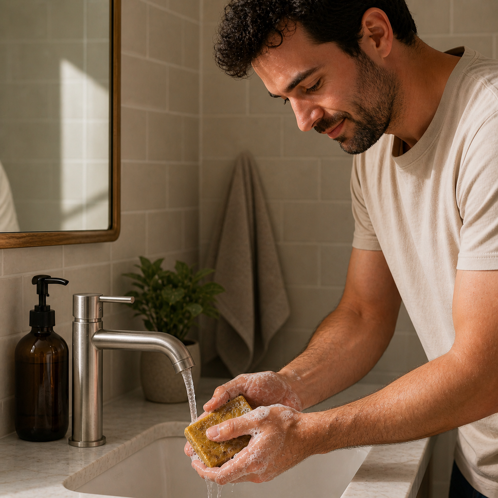 Handmade pure antibacterial soap bar from Serenes Beeswaxory, showcasing a natural skincare essential with a clean, rustic appearance.