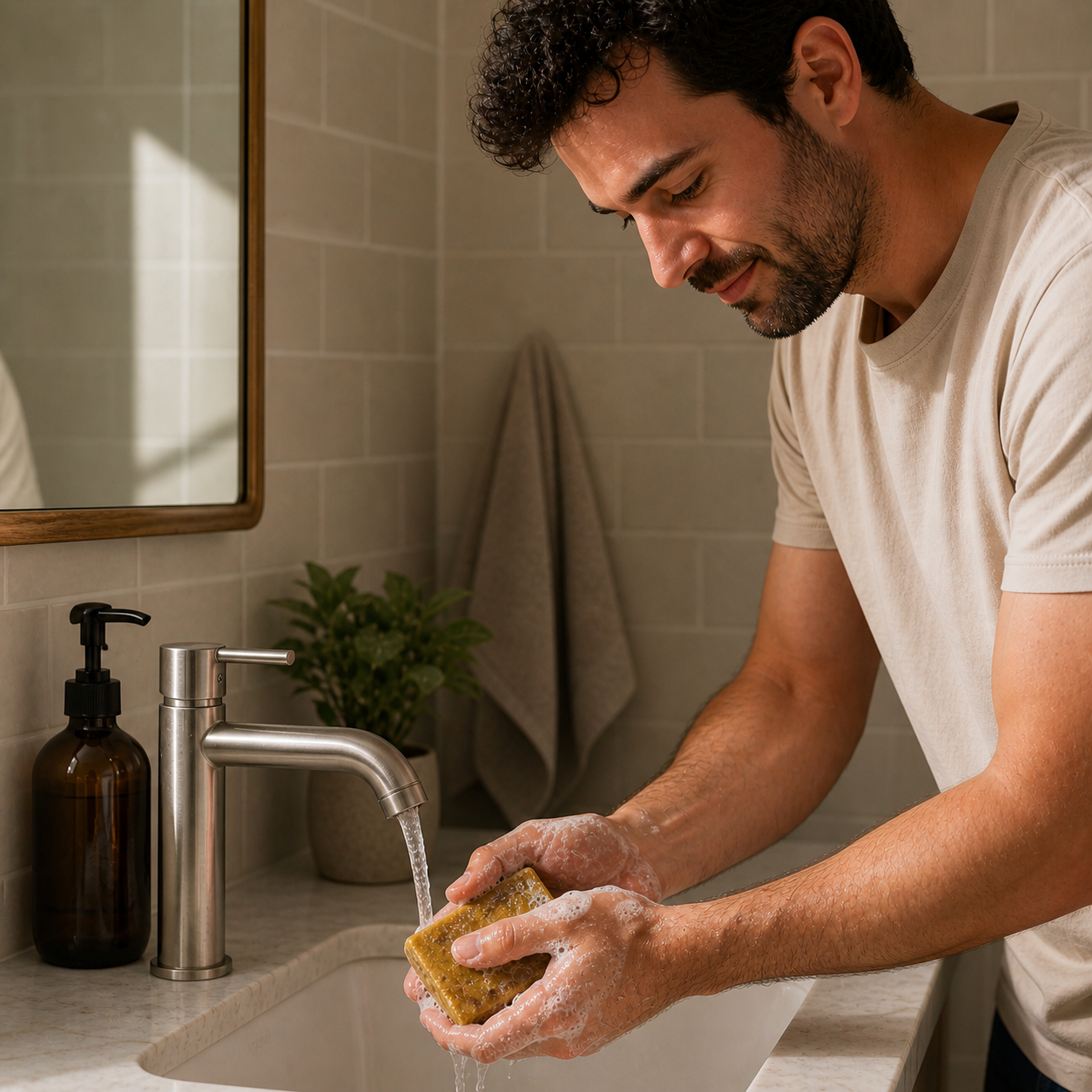Handmade pure antibacterial soap bar from Serenes Beeswaxory, showcasing a natural skincare essential with a clean, rustic appearance.
