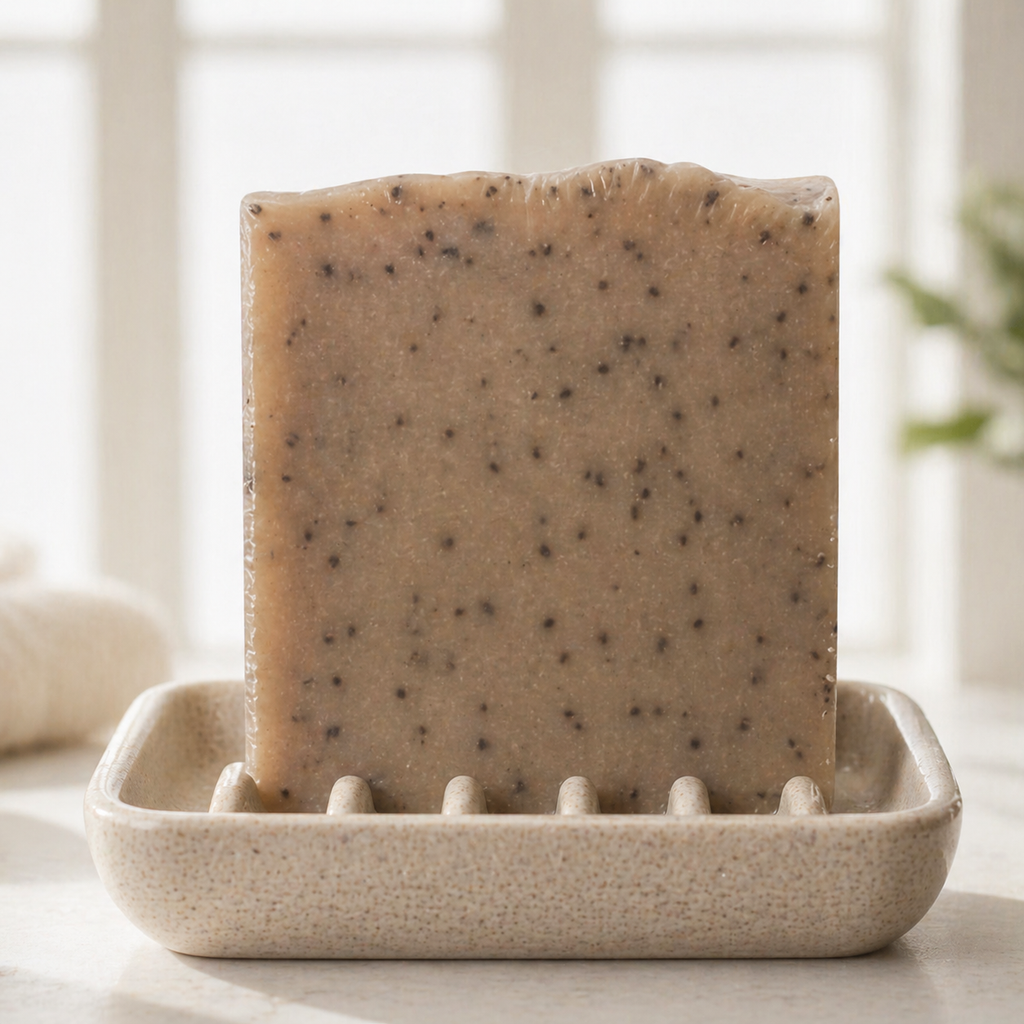 Handmade Serenes Beeswaxory Foaming Tea Oil Soap Bar for skincare, shown with natural, pure soap texture and packaging.