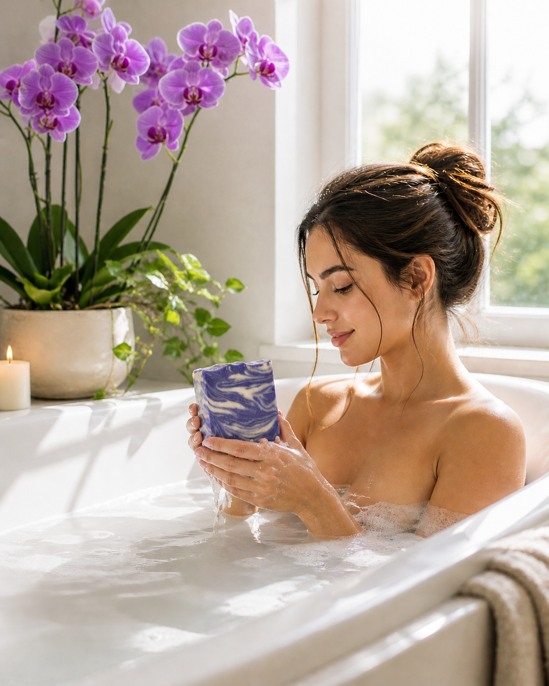 Handmade pure soap with fresh orchid and castor oil by Serenes Beeswaxory, showcasing a bar of skincare essentials.