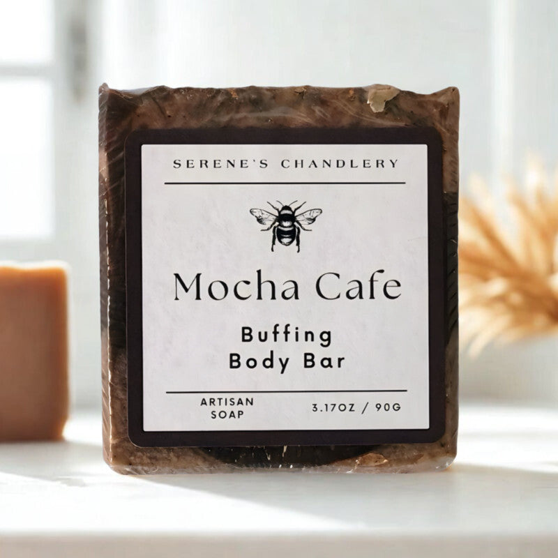 Handmade Serenes Beeswaxory Cocoa Butter & Coffee Soap Bar, natural skincare essential with rich cocoa butter and coffee grounds.
