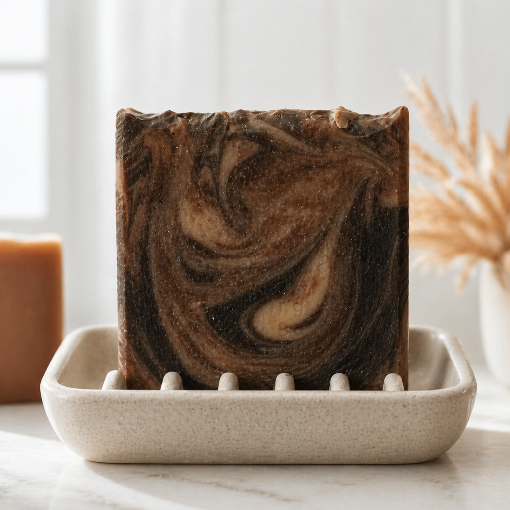 Handmade Serenes Beeswaxory Cocoa Butter & Coffee Soap Bar with natural ingredients, showcasing a rustic soap with cocoa butter and coffee.