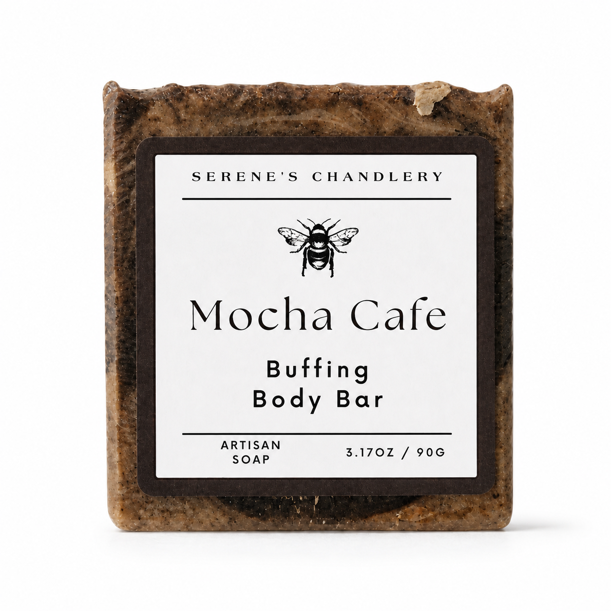 Handmade Serenes Beeswaxory Cocoa Butter & Coffee Soap Bar with natural ingredients, shown wrapped in clear packaging.