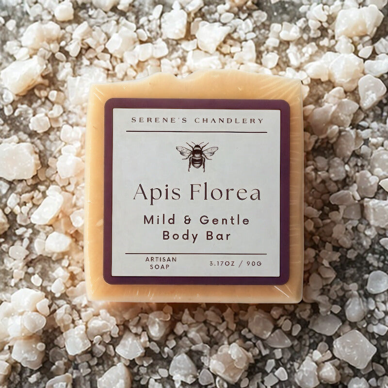 Handmade Serenes Beeswaxory Himalayan Rock Salt Soap Bar showing natural pink salt crystals on a white soap base.