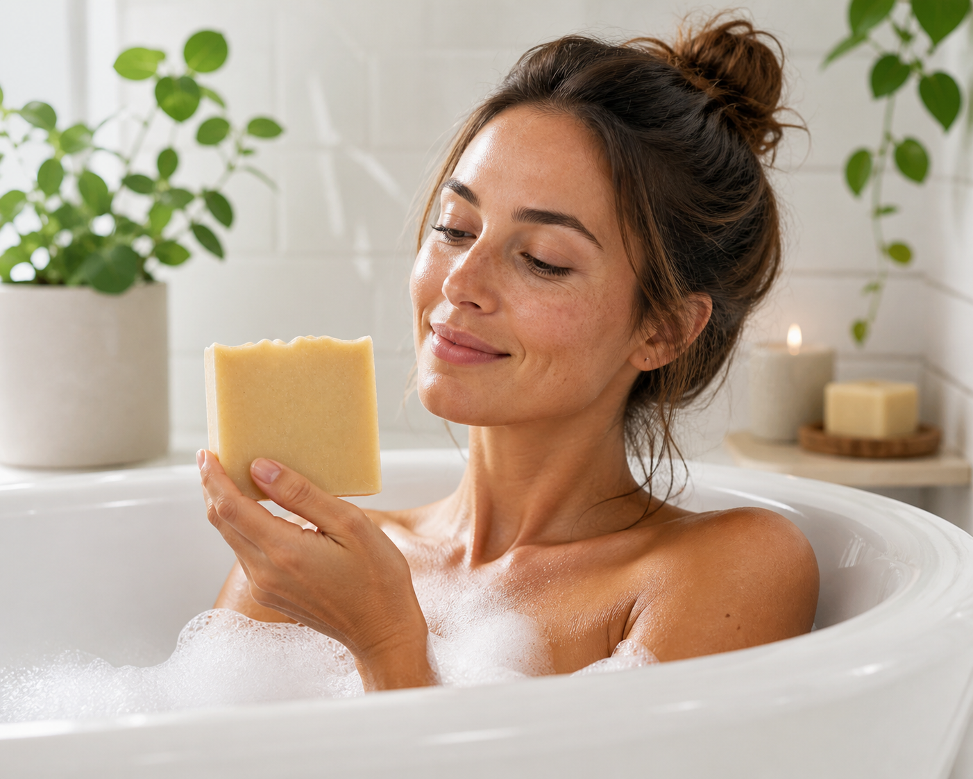 Handmade Serenes Beeswaxory Himalayan Rock Salt Soap Bar showing natural pink salt crystals and a rustic soap appearance.
