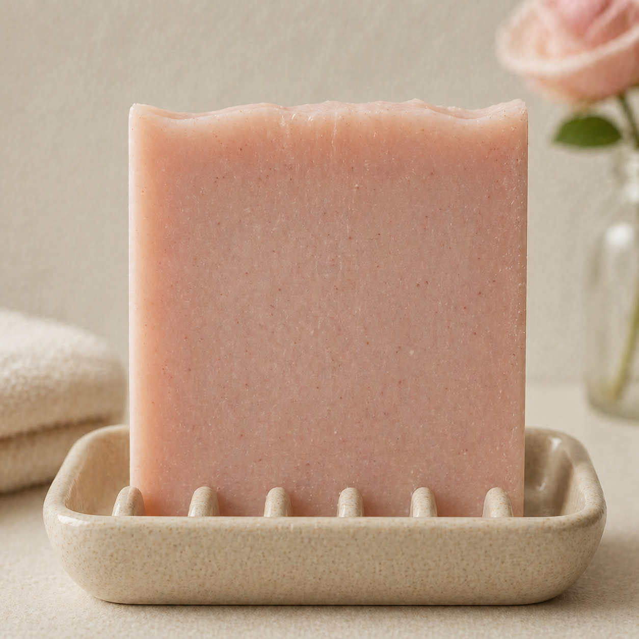Handmade soap bar from Serenes Beeswaxory with natural madder root powder, showcasing a rustic, earthy skincare essential.