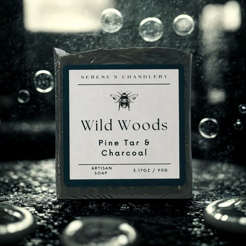 Handmade Serenes Beeswaxory Stockholm Pine Tar Soap Bar, a natural skincare essential with rustic pine tar appearance.