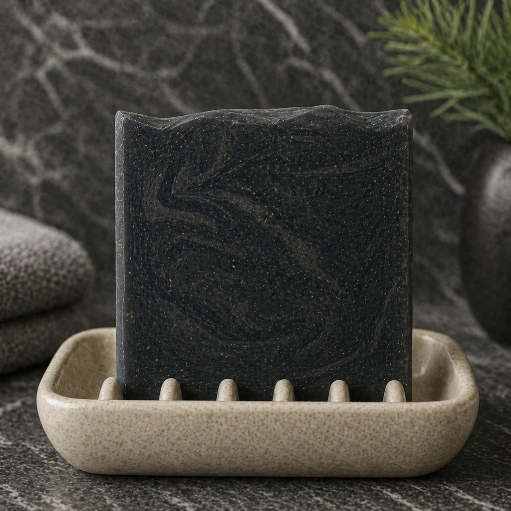 Handmade Serenes Beeswaxory Stockholm Pine Tar Soap Bar showing a rustic, natural soap with pine tar for skincare.