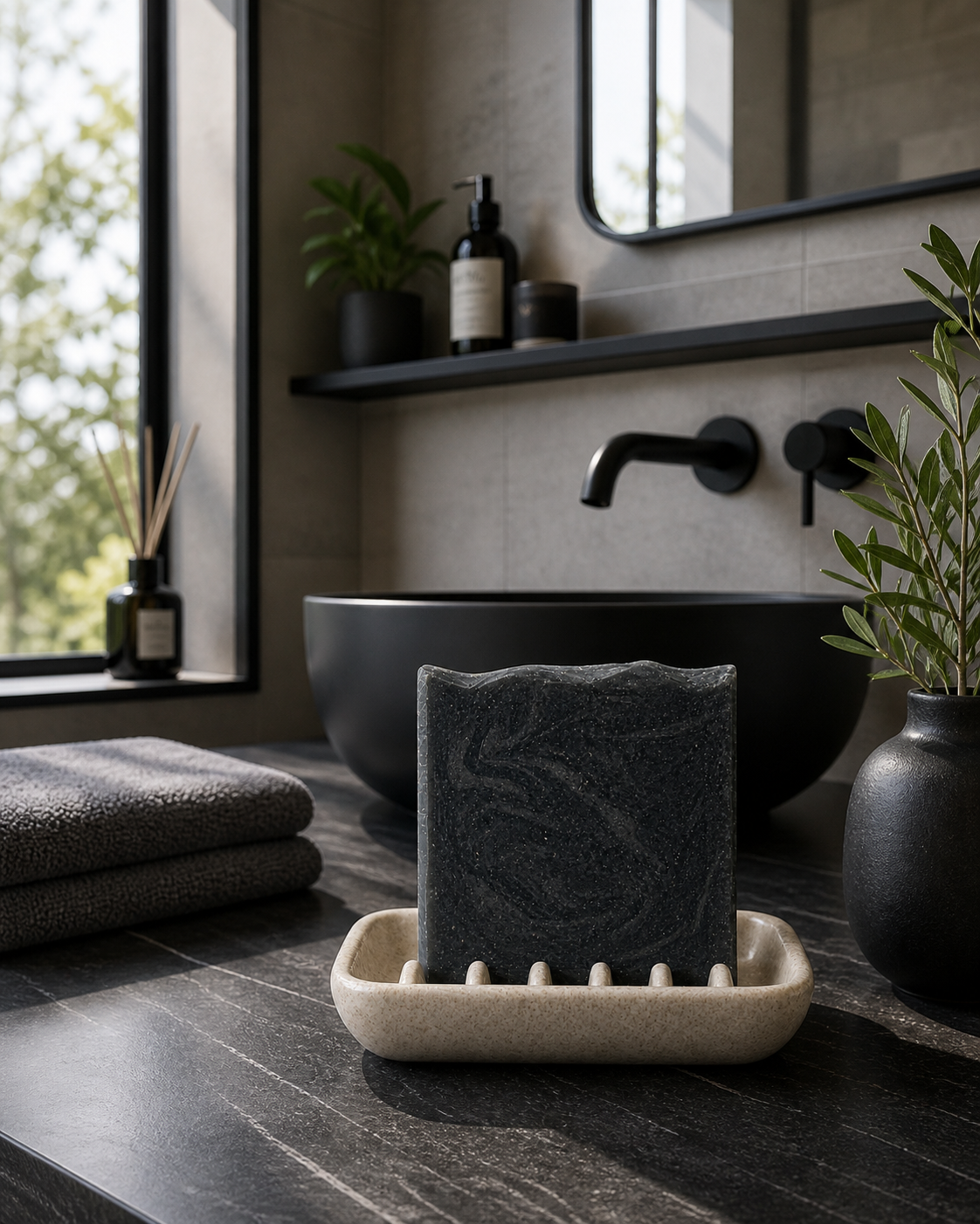 Handmade Serenes Beeswaxory Stockholm Pine Tar Soap Bar for skincare, featuring natural pine tar in a rustic soap form.