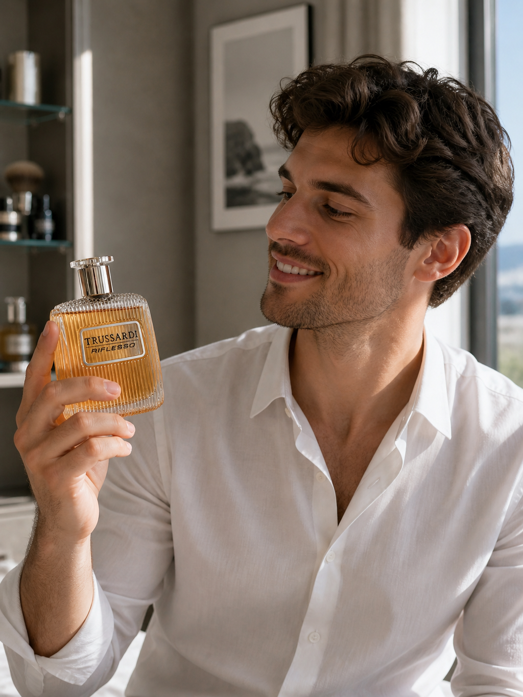 Trussardi Riflesso 50ml men's Eau de Toilette bottle with sleek design and branding, ready for stylish wear.