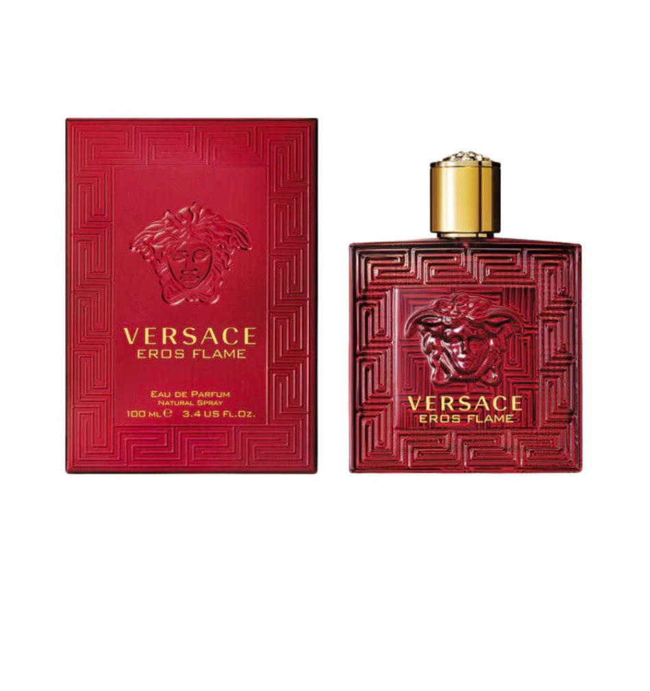 Versace Eros Flame 100ml men's Eau de Parfum bottle with red and gold accents, elegant and luxurious design.