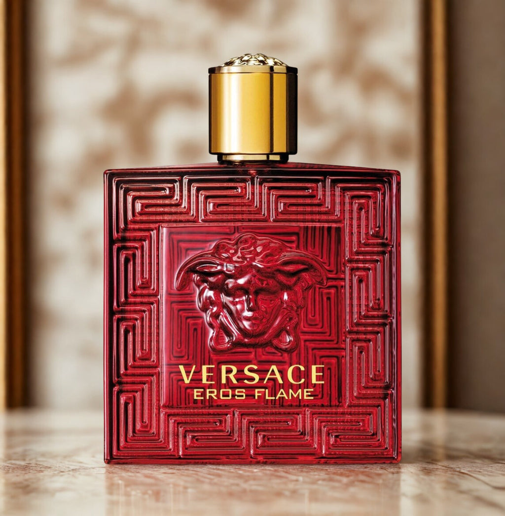 Versace Eros Flame 100ml men's Eau de Parfum bottle with sleek design and gold accents, highlighting the luxury fragrance.