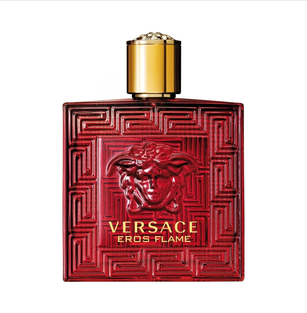 Versace Eros Flame 100ml men's Eau de Parfum bottle, sleek design, featuring a red and gold cap with the Versace logo.