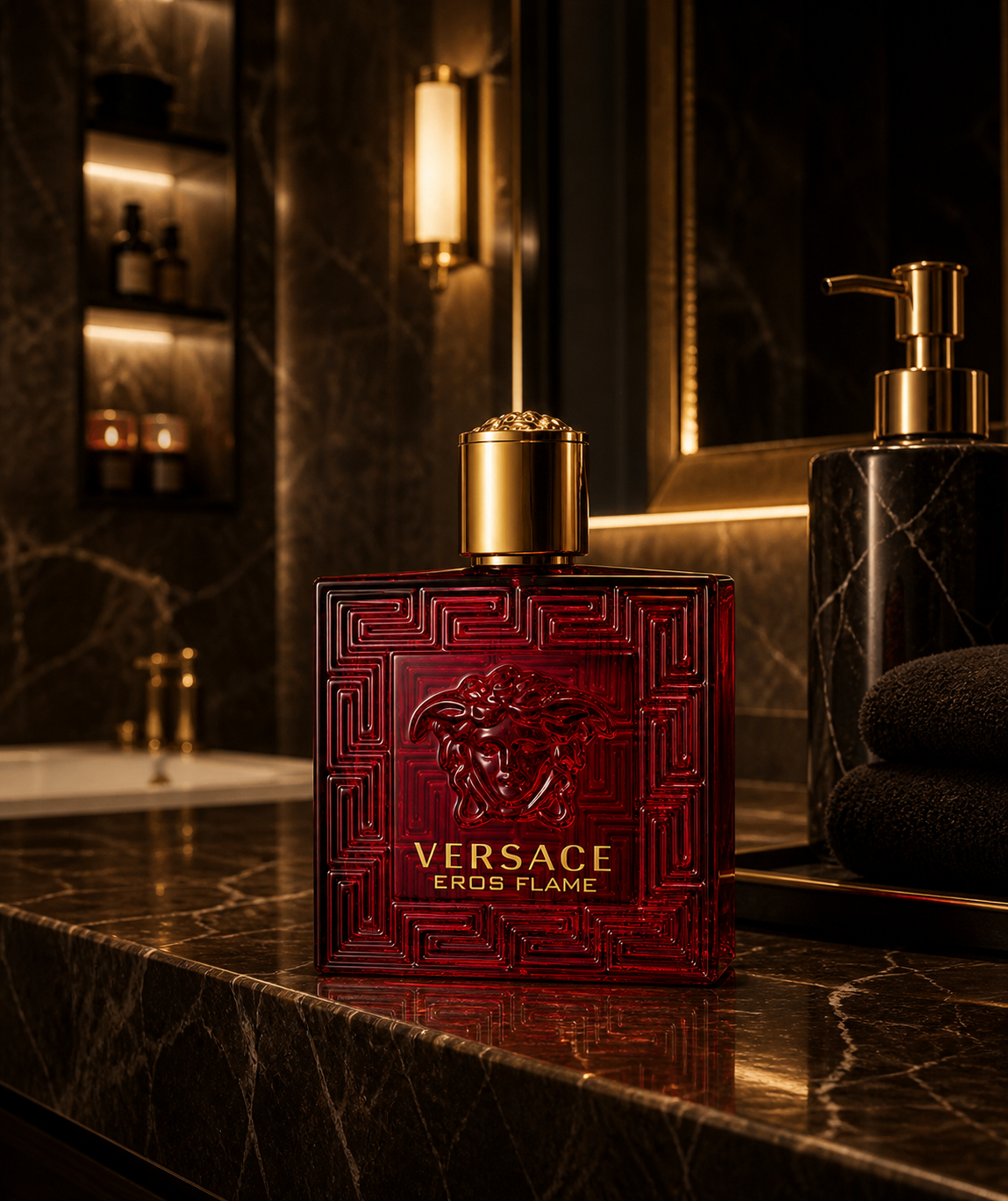 Versace Eros Flame 100ml men's Eau de Parfum bottle with bold design, representing the luxurious fragrance for men.