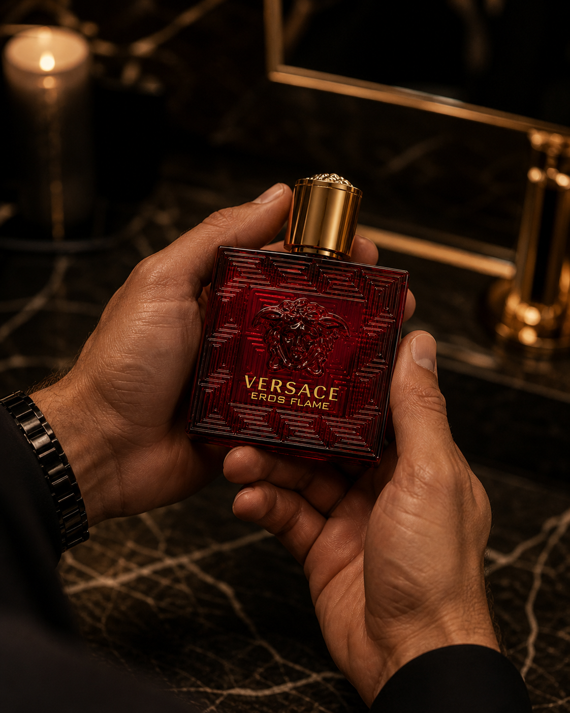 Versace Eros Flame 100ml men's Eau de Parfum bottle, elegant design, black cap, and orange accents, showcasing luxury fragrance.
